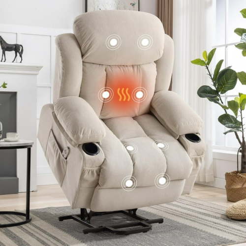 HSUNNS Power Lift Recliner Chair for Living Room, Electric Recliner Chair with Heat and Massage Function, USB Charge Port and Cup Holders, Oversized Velvet Reclining Sofa for Home Theater, Beige