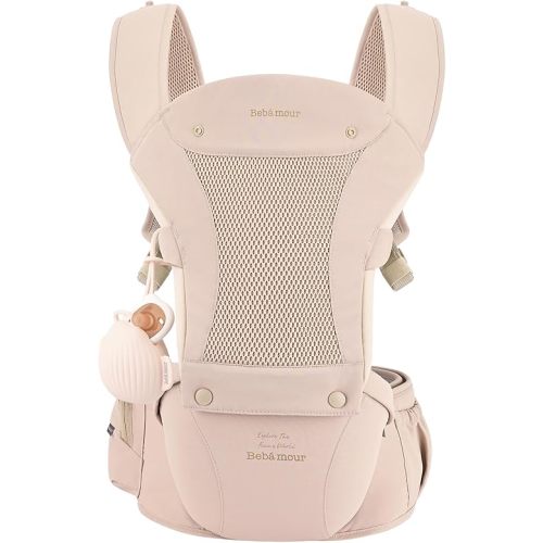 Bebamour Baby Carrier with Hip Seat,All-Position Breathable Mesh Hip Seat & Carrier 0-36Months with Head Hood, 3 PCS Teething Pads, Waist Extender,Storage Bag & Pacifier Case (Pink)