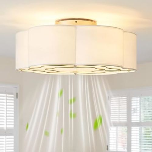 20" Boho Ceiling Fan with Lights Flush Mount, Low Profile Ceiling Fans with Lights Remote Control, Fabric with 6 Speeds for Nursery, Bedroom, Kitchen, White