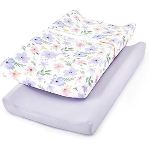 TILLYOU Changing Pad Cover Set in Soft Jersey Material - Fits 32"/34''x16 Contoured Pad for Babies, Brilliant Little Flowers and Purple
