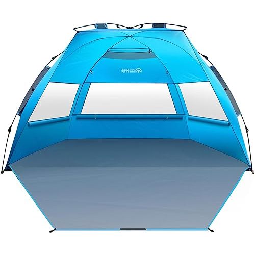 OutdoorMaster Beach Tent Sun Shelter for 3-4 Person, Pop Up Beach Tent Easy Setup with Sandbags, Portable Sun Shade Canopy with Carrying Bag for Beach & Outdoor, UPF50+ UV Protection, Family Size