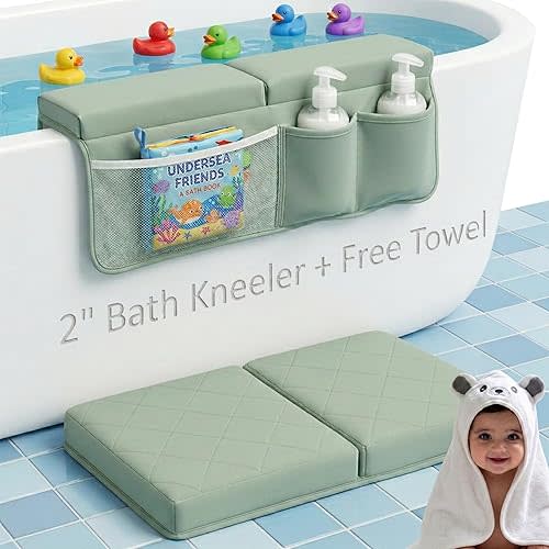Bath Kneeler and Elbow Rest Pad Set + Hooded Towel - Embroidered Kneeling Pad for Bathing Baby - Dual-Layer Memory Foam Bathtub Kneeler and Elbow Rest Set