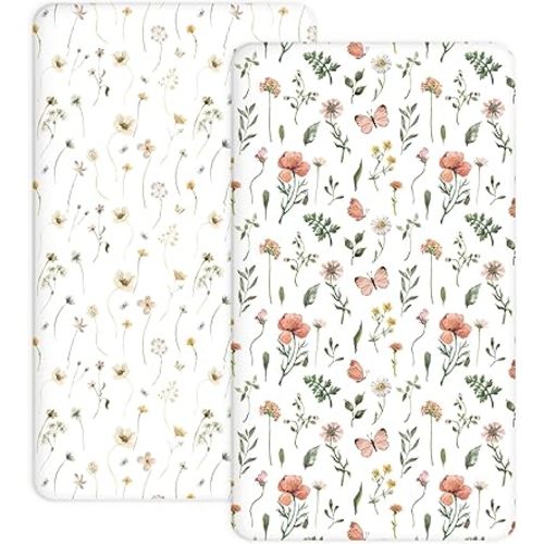 Crib Sheets for Boys and Girls, 2 Pack Fitted Baby Sheets for Standard Toddler Mattress 28" x 52", Soft Breathable Jersey Knit Baby Bedding (Butterfly Garden)