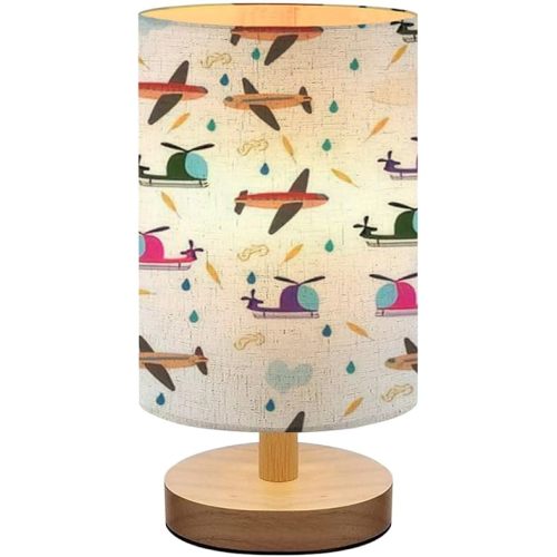 Bedside Lamp for Bedroom, Kids seamless pattern airplanes helicopters vehicles feathers clouds Small Lamp, Linen Lampshade Table Lamp, Dimmable Nightstand Lamp with Woodbase for Living Room Office