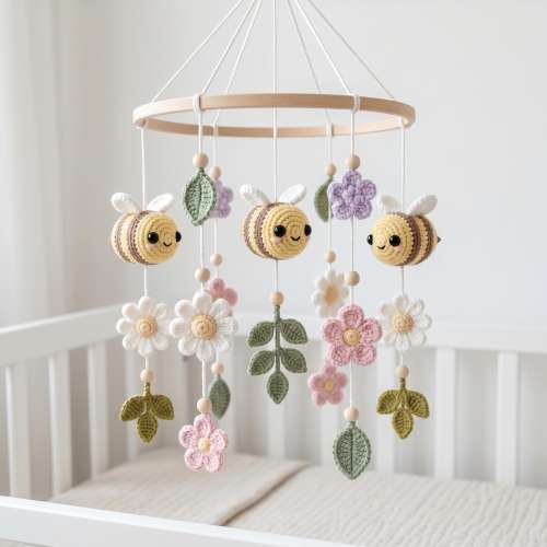 Crochet Bee Baby Mobile for Crib, Flower Nursery Decor, Boho Nature Nursery