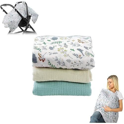 Muslin Carseat Cover 3 Piece Set, 49'' x 47'' Multi-Functional Car Seat Canopy Cover, Unisex Newborn Nursing Canopy, Double-Breasted Buckle Fastening Newborn Receiving Blankets, Adjustable Neck Strap