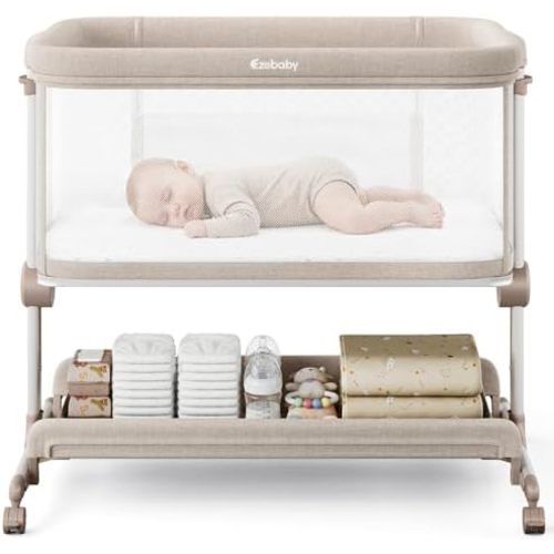 Ezebaby Baby Bassinets Bedside Sleeper, Portable Bedside Bassinet for Baby Newborn Infants with Adjustable 7 Heights and All Mesh Sides, Newborn Crib with Mattress and Soft, Breathable Sheet