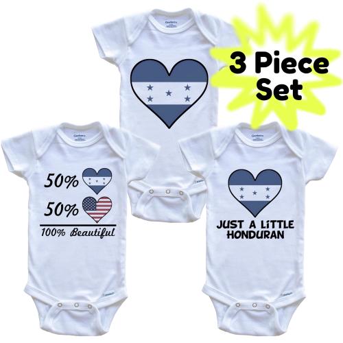 Honduran American Heart Flag Baby Bodysuit Bundle (3 Piece Set) - Honduras Baby Shower Gift Set