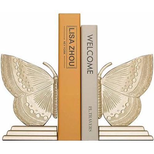 Matte Gold Butterfly Bookends, Heavy Duty Metal Book Holder Pair with Non-Slip Felt Base, Decorative Shelf Organizer for Home and Office