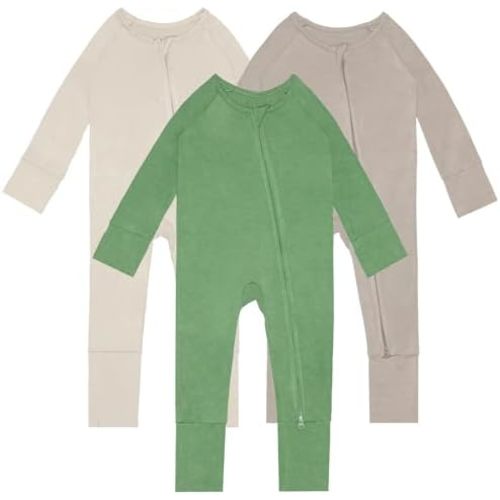 Rayon of Bamboo Baby Rompers Long Sleeve Two Way Zipper Footless Pajamas With Mitten Cuffs