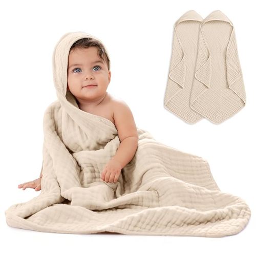 Comfy Cubs 2 Pack Baby Hooded 9 Layer Muslin Cotton Towel for Kids, Large 32” x 32”, Ultra Soft, Warm, and Absorbent. Baby Essentials Bath Towels, Cute Unisex Cover for Girls and Boys (2 Pack, Sand)