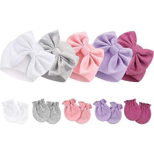 BQUBO Newborn Baby Girls Hats Mittens Set Hospital Hat Beanie Infant Bow Hats Baby Cotton Gloves for 0-6 Months