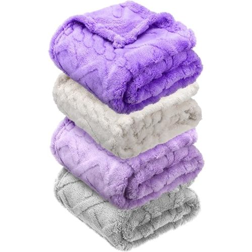 4 Pcs Fleece 30" x 40" 3D Fluffy Baby Blanket for Boys Nursery Little Girl Infant or Newborn Receiving Swaddling Blankets(Purple Set)