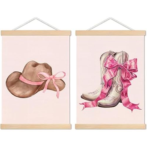 Western Wall Decor, Western Coquette Pink Bow Cowgirl Boots Wall Art With Wooden Poster Hanger, Cowgirl Room Decor, Preppy Dorm Room Decor, Coquette Room Decor, 12.5x17 Inch Set of 2