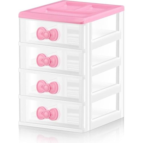 Tatuo Lovely Receiving Storage Cabinets Kawaii Makeup Organizer with 4 Layers Cute Storage Cabinet Box with Bow Handle Plastic Desktop Storage Box for Home Bedroom Bathroom Women Gifts(Clear)