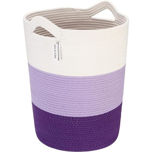 Sea Team Large Size Cotton Rope Woven Storage Basket with Handles, Laundry Hamper, Fabric Bucket, Drum, Clothes Toys Organizer for Kid's Room, 20 x 14 inches, Round Open Design, White & Purple