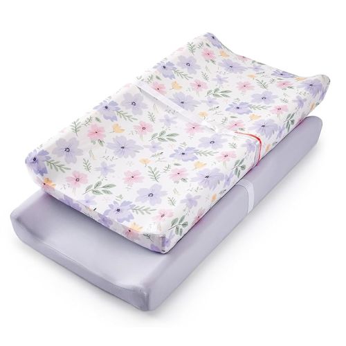TILLYOU Changing Pad Cover Girl Set in Soft Jersey Material - Fits 32"/34''x16 Contoured Pad for Babies, Brilliant Little Flowers and Purple
