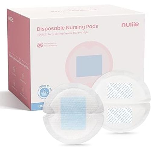 Nuliie High-Absorbency Blue Core Nursing Pads 100 Count, Disposable Breast Pads for Heavy Leaking, Stay Dry Day & Night, Leakproof, Individually Wrapped