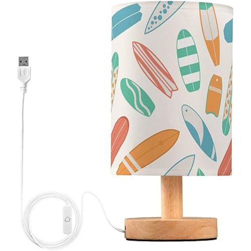 SPRIPORT Surfboard Summer Bedside Table Lamp for Bedroom Nightstand Lamp with Wood Base & Round Flaxen Fabric Shade Bedroom Lamp for Reading Working Living Room Dorm Home Office