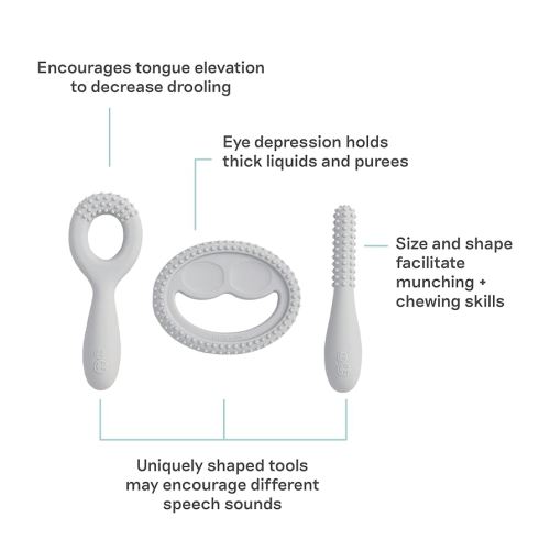 ezpz Oral Development Tools - 3 Months+ (3 Pack in Pewter) - Non-Slip Loop, Smile and Stick, 100% Silicone Tools to Practice Feeding + Chewing - Sensory Bumps - Dishwasher Safe