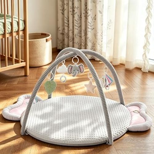 2PM SPORTS Tummy Time Mat Baby Play Gym with 5 Detachable Toys – Elephant Theme, Machine Washable Thick Baby Play mat for Stage-Based Developmental, Activity Gyms & Playmats for Infant 0-12 Months