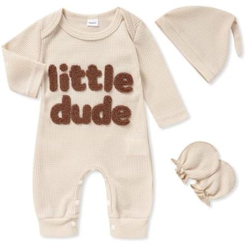 GRNSHTS Newborn Baby Boy Romper Coming Home Outfits Letter Print Bodysuit Jumpsuit+Hat+Gloves 3PCS Clothes Set