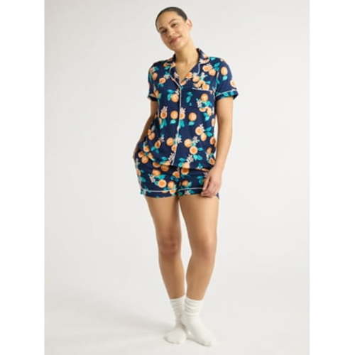 Joyspun Women’s Dreamy Soft Collection Short Sleeve Knit Notch Collar Top and Shorts Pajama Set, 2-Piece, Sizes XS-3X