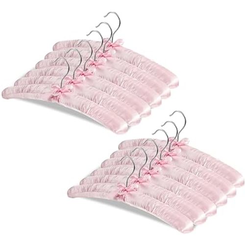 Jetec 12 Pieces Satin Padded Hangers with 360° Swiveling Hook Sponge Shoulder Pads Hanger for Coat, Sweaters, Blouse, Wedding Dress, Women Cloths (Light Pink)
