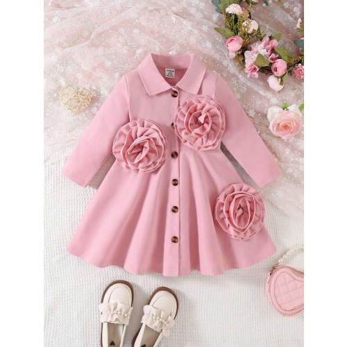 Baby Girl Elegant Sweet Floral Applique Single-Breasted Decorated Dress For Outdoor, Holiday And Party Wear, Fall/Winter | SHEIN USA