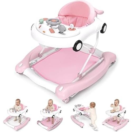 5-in-1 Convertible Baby Walker with Steering Wheel Music Activity Center – Infant Rocker, Jumper, Push Walker, Bouncer & Feeding Foldable Walker for Ages 6-18 Months Boys Girls (Pink)