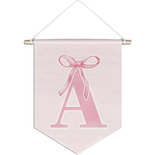 initial Personalized Preppy Canvas Hanging Pennant Flag Banner, Coquette Pink Bow Teen Girl Gifts,Trendy Cute Monogrammed Gifts Wall Decor for Women Teen Girl Nursery bedroom(A)