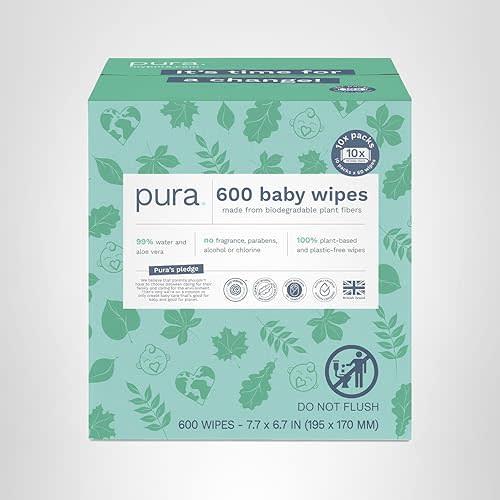 Pura Natural Sensitive Baby Wipes, 99% Water, Unscented & Hypoallergenic, Suitable for Sensitive & Eczema-prone Skin, Hypoallergenic, EWG Verified, 10 Pack of 60 Wet Wipes (600 Diaper Wipes) Bulk Buy