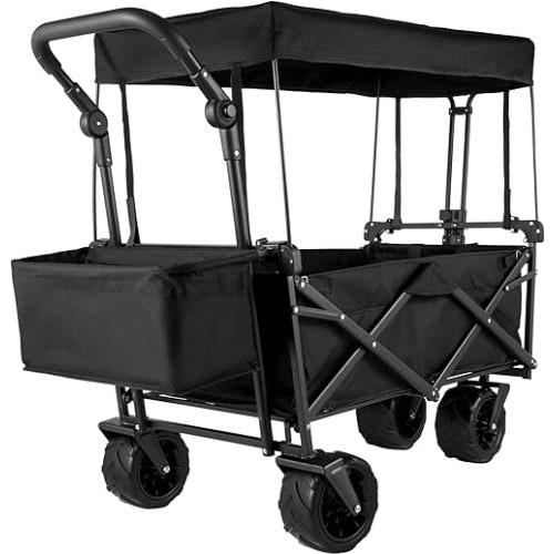 Baby Wagon with Removable Canopy, Folding Wagon Utility Carts with Wheels and Rear Storage, Wagon Cart for Garden, Camping, Grocery Cart, Shopping Cart, Black