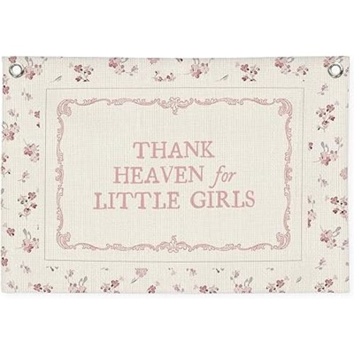 DDYGZYW Thank Heaven for Little Girls Wall Art,Girl Nursery Decor Linen Banner Print,Preppy Pink Striped Wall Decor Hanging for Girls Toddler Nursery Room Bedroom Playroom 30x20 Inch
