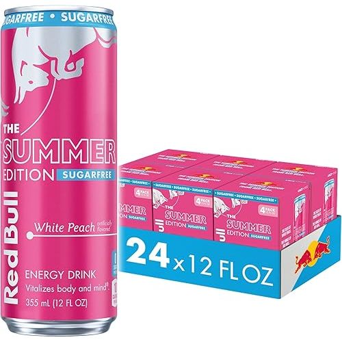 Red Bull Summer Edition Sugarfree Energy Drink, White Peach, 12 fl. oz., 6 x 4 Cans, Pack of 24 Cans, with 114mg Caffeine, Taurine & B Vitamins