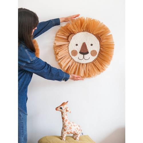 Large Lion Face Raffia Wall Hanging (24&quot;), Safari Jungle Theme Nursery, Crochet Lion Head Boho Nursery Decor