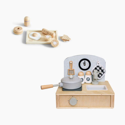 Wonder & Wise Table it Wooden Play Kitchen & Food Set Accessories Bundle - Breakfast Set