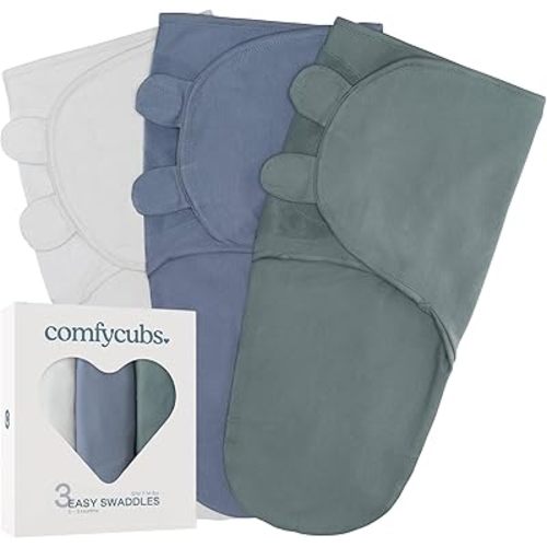 Comfy Cubs Easy Swaddle Blanket, 3 Pack - 100% Cotton Newborn Wrap, Small for 0-3 Months Infants, with Adjustable Velcro, Breathable and Durable Sleep Sack for Babies - Stone, Nomadic Blue & Azul