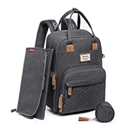 Diaper Bag Backpack, RUVALINO Neutral All-in-One Baby Bags for Boy Girl, Multifunction Large Travel Backpack with Portable Changing Pad, Stroller Straps, Pacifier Case and Insulated Pockets, Dark Gray