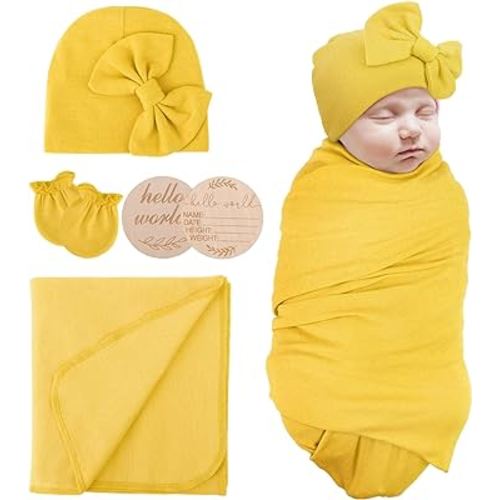 Newborn Baby Receiving Blankets Girl with Bow Hat Mittens Wooden Birth Card Set Baby Swaddles for Newborns Toddler Gift