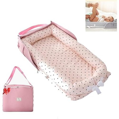 Baby Lounger for Newborn Portable Bag,Baby Nest Play Gym mat with Strap,Newborn Lounger Adjustable Size & Inner Zipper Lengthen Space to 24 Months(Pink Polka Dots)