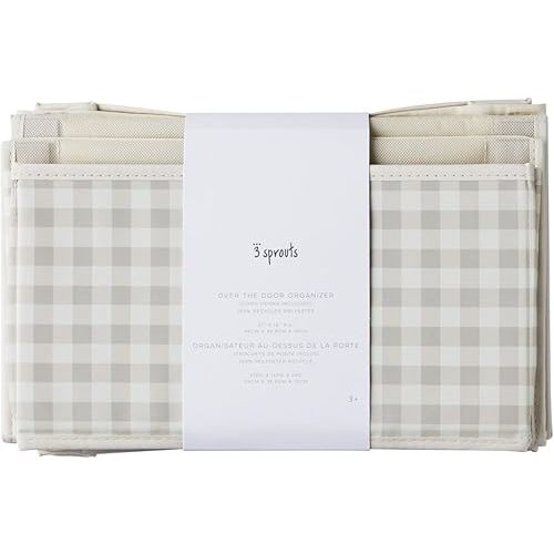 3 Sprouts Over the Door Organizer -Hanging Baby Organizers & Storage with 4 Large Pockets & 2 Hooks for Baby Clothes, Toy, Stuffed Animal -Newborn Essential for Nursery & Toddler Rooms - Gingham Beige