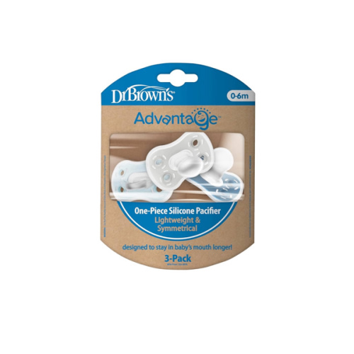 Dr. Brown's Advantage One-Piece Silicone Baby Pacifier, Fully Symmetrical Soother, Blue/Light Blue/Gray, 0-6m, BPA Free, 3 Pack