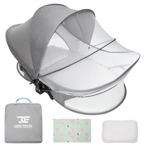 Deeteck Portable Baby Bassinet for Travel: Foldable Baby Bassinet Travel Crib with Storage Bag for Newborn - Folding Camping Bassinet Infant Bed with Mosquito Net & Sunshade Canopy for Outdoor Gray