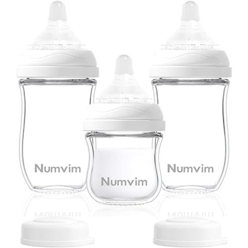 Glass Baby Bottles Gentle Slow Flow, Newborn Breastfeeding Bottle with Anti Colic Nipple for 0 Months Babies, 3 Packs (White, 3oz+5oz)