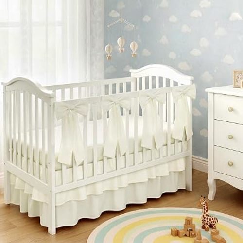 SmoothNovelty Beige Crib Bed Skirts with 4 Large Cot Bow 28" x 52" Baby Crib Skirt for Boys Girls Nursery Toddler Bed Skirt Dust Ruffle 14" Drop (Double Layer)