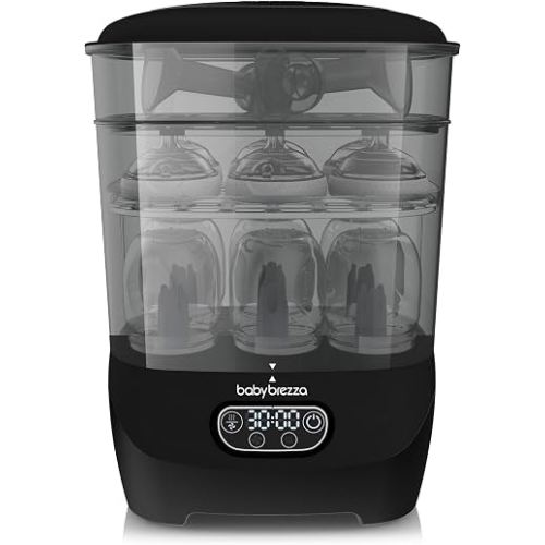 Baby Brezza Bottle Sterilizer and Dryer Advanced – 33% Faster - Largest Capacity Steam Sanitizer - Universal Sterilization Machine for All Bottles + Pump Parts - HEPA Air Filter, Black
