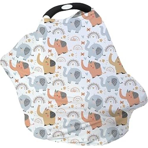 Breathable Car Seat Cover for Babies – Multi-Purpose Soft Rayon Nursing Cover for Breastfeeding, High Stretchy Infant Carseat Canopy, Stroller Cover (Smooth Rayon, Cute Elephant)