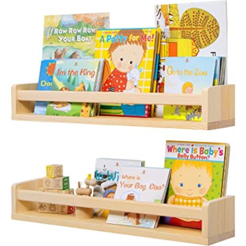 Fun Memories Nursery Book Shelves, 24Inch Floating Shelf for Wall, Wall Bookshelf for Kids Solid Wood Wall Mounted Shelves for Books,Toys and Decor Storage, Set of 2