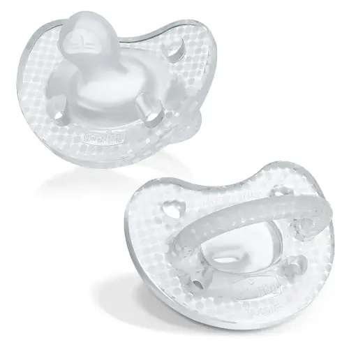 Chicco PhysioForma Luxe Silicone One Piece Pacifier for Babies Aged 0-6m | Fashion Textured Shield | BPA & Latex Free | Reusable Sterilizing Case | Crystal, 2pk
